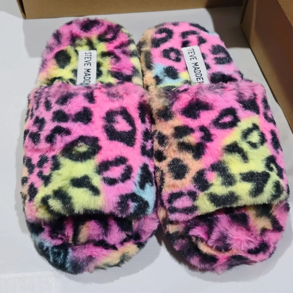 Steve Madden ✦ Frillz Slippers ✦ Faux Fur Animal Print Open Toe Grip Sole M NWT